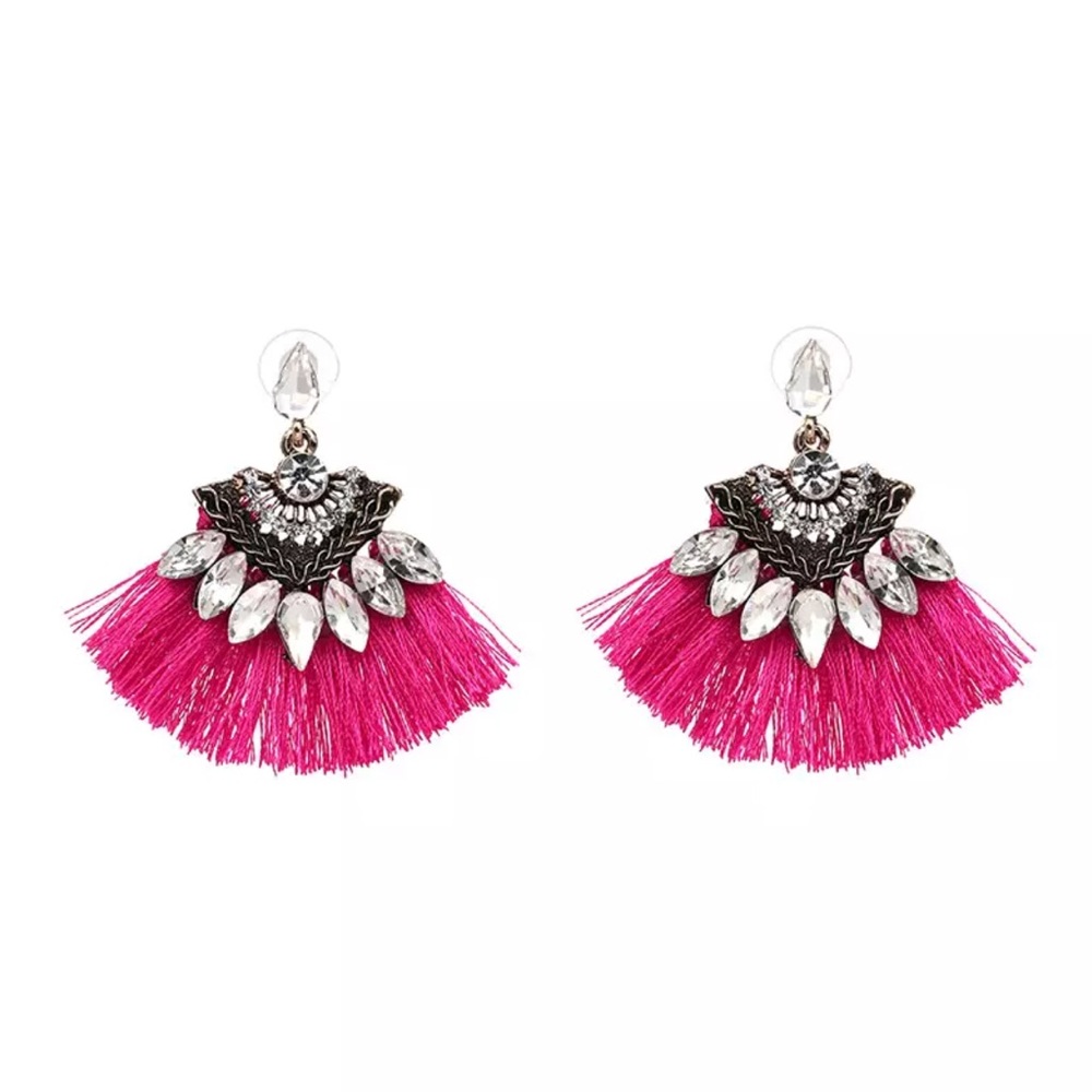(7 colors) Rhinestone Fan Fringe Earrings - Picture 3 of 8